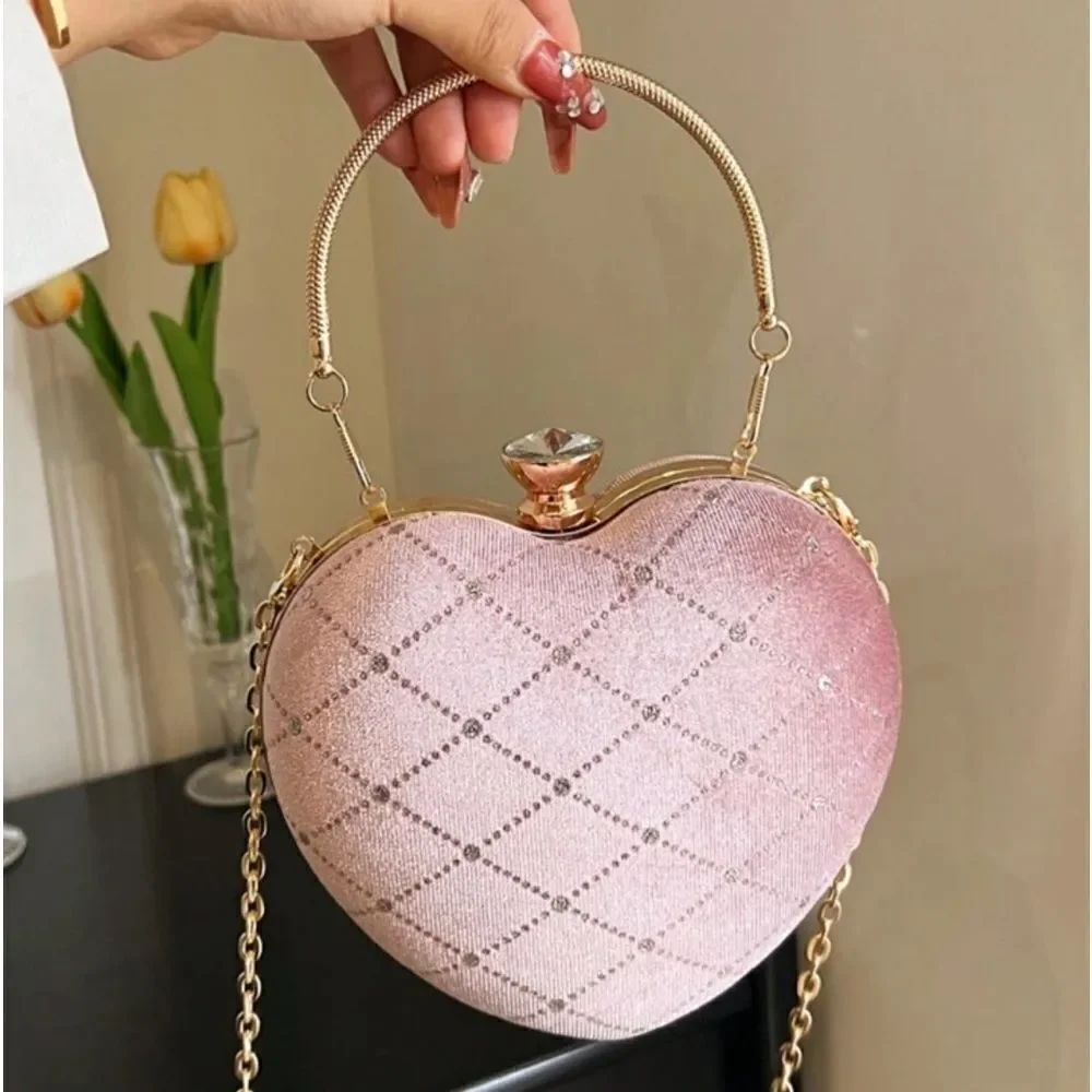Pink velvet heart shaped purse crossbody handbag